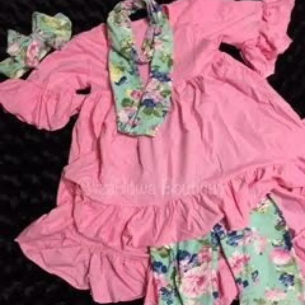 Light Pink HI-Lo Shirt, Floral Leggings, Scarf & Headband 4 pc Set  12053xl  NWT